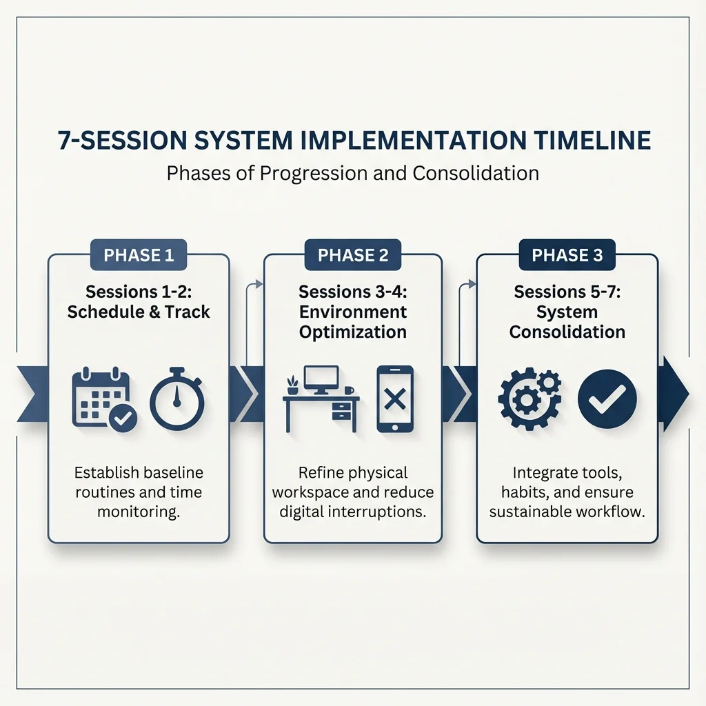 Three-phase timeline: Sessions 1-2 (Schedule & Track), Sessions 3-4 (Environment Optimization), Sessions 5-7 (System Consolidation)