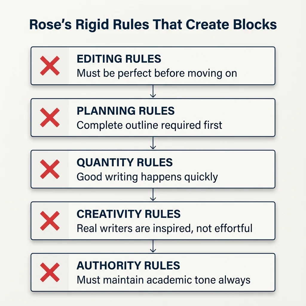 Five categories of rigid rules: Editing Rules, Planning Rules, Quantity Rules, Creativity Rules, and Authority Rules, each shown with an X symbol indicating they create blocks