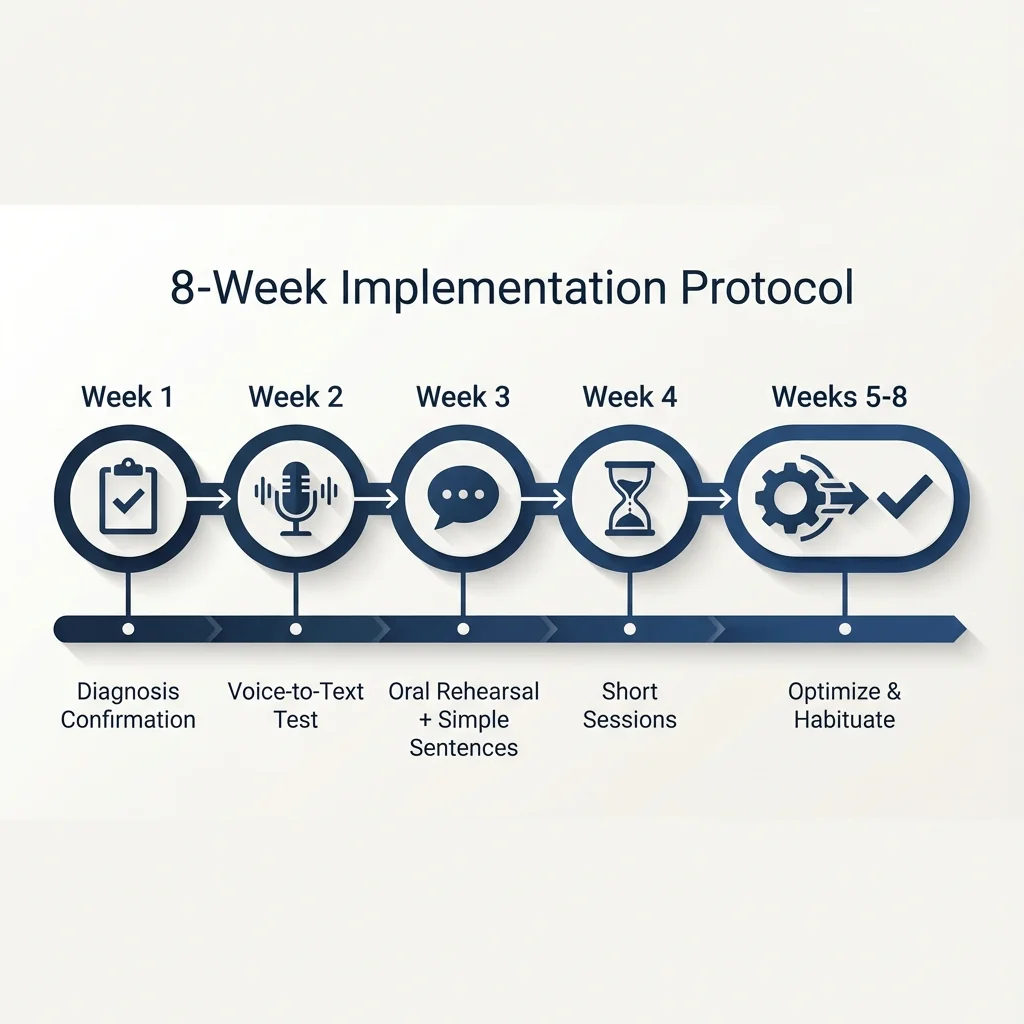Timeline showing 8 weeks: Week 1 (Diagnosis), Week 2 (Voice-to-Text Test), Week 3 (Oral Rehearsal + Simple Sentences), Week 4 (Short Sessions), Weeks 5-8 (Optimize & Habituate)