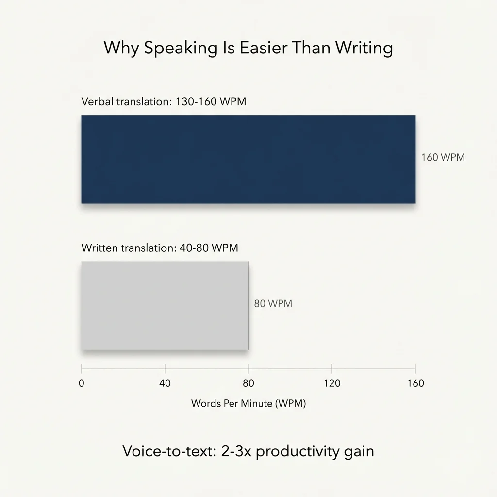 Speed comparison: Verbal translation 130-160 WPM, Written translation 40-80 WPM, Voice-to-text provides 2-3x productivity gain