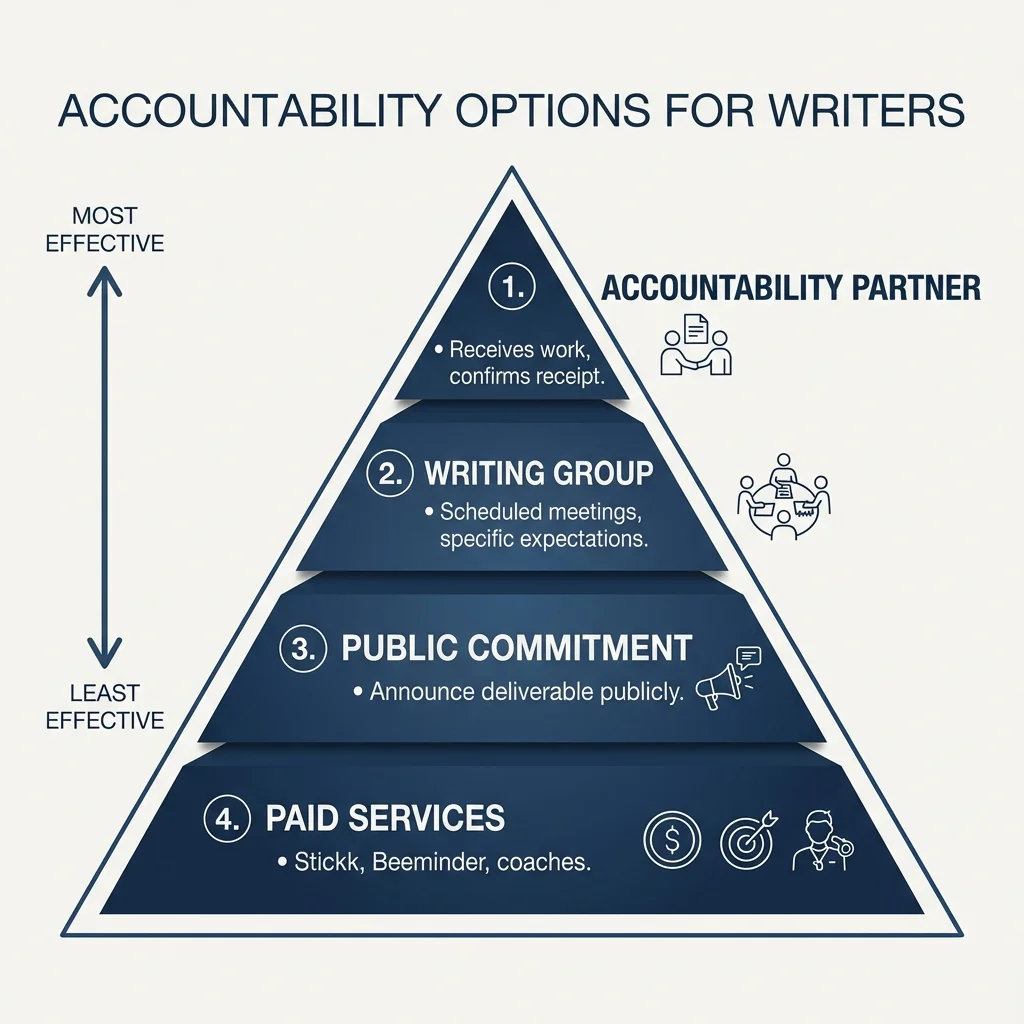 Four-tier ranking of accountability options: 1. Accountability Partner (most effective), 2. Writing Group, 3. Public Commitment, 4. Paid Services